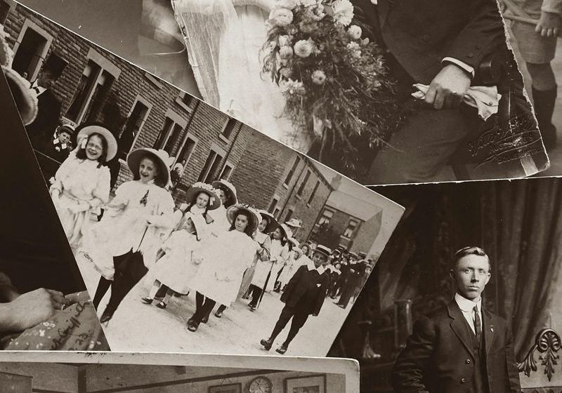 Vintage family photographs, including a wedding portrait